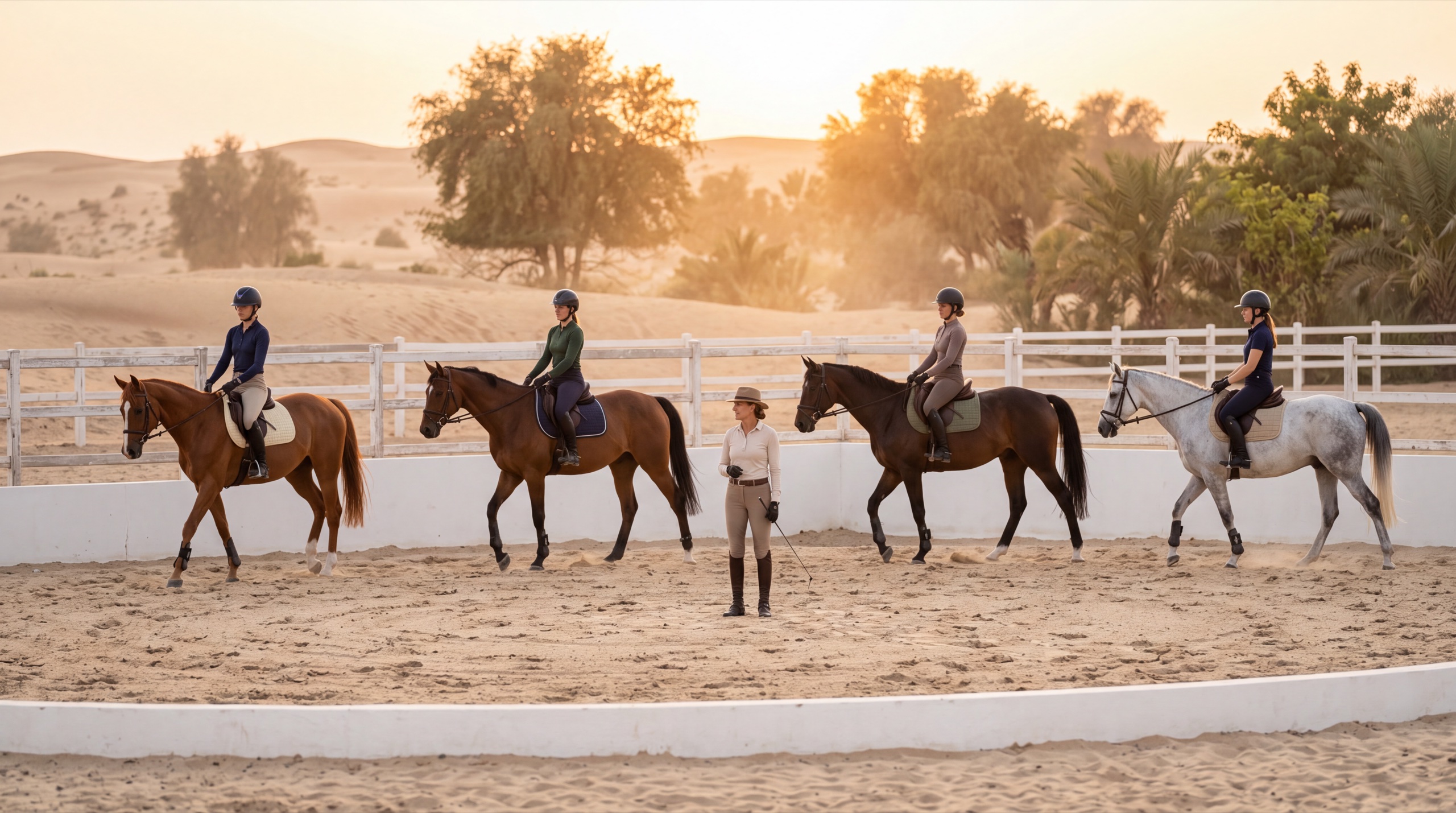 Riders in a group lesson on the sand arena