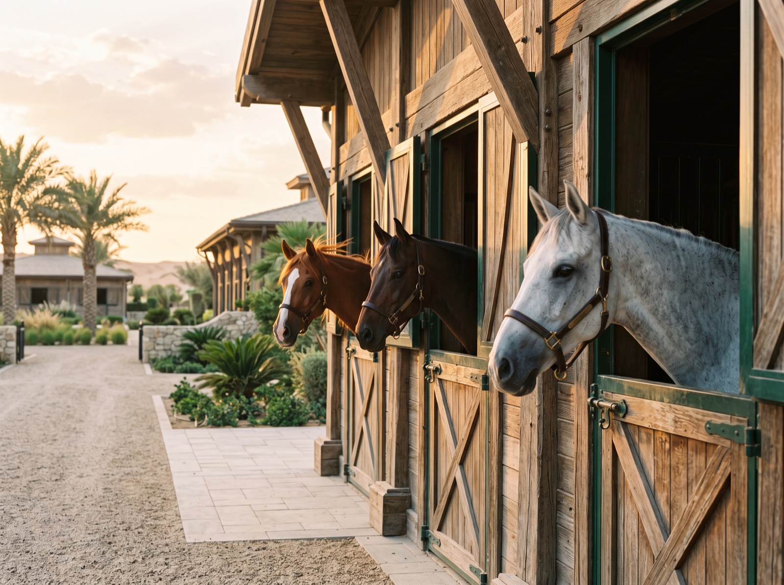 Three horses looking out from timber stalls at golden hour