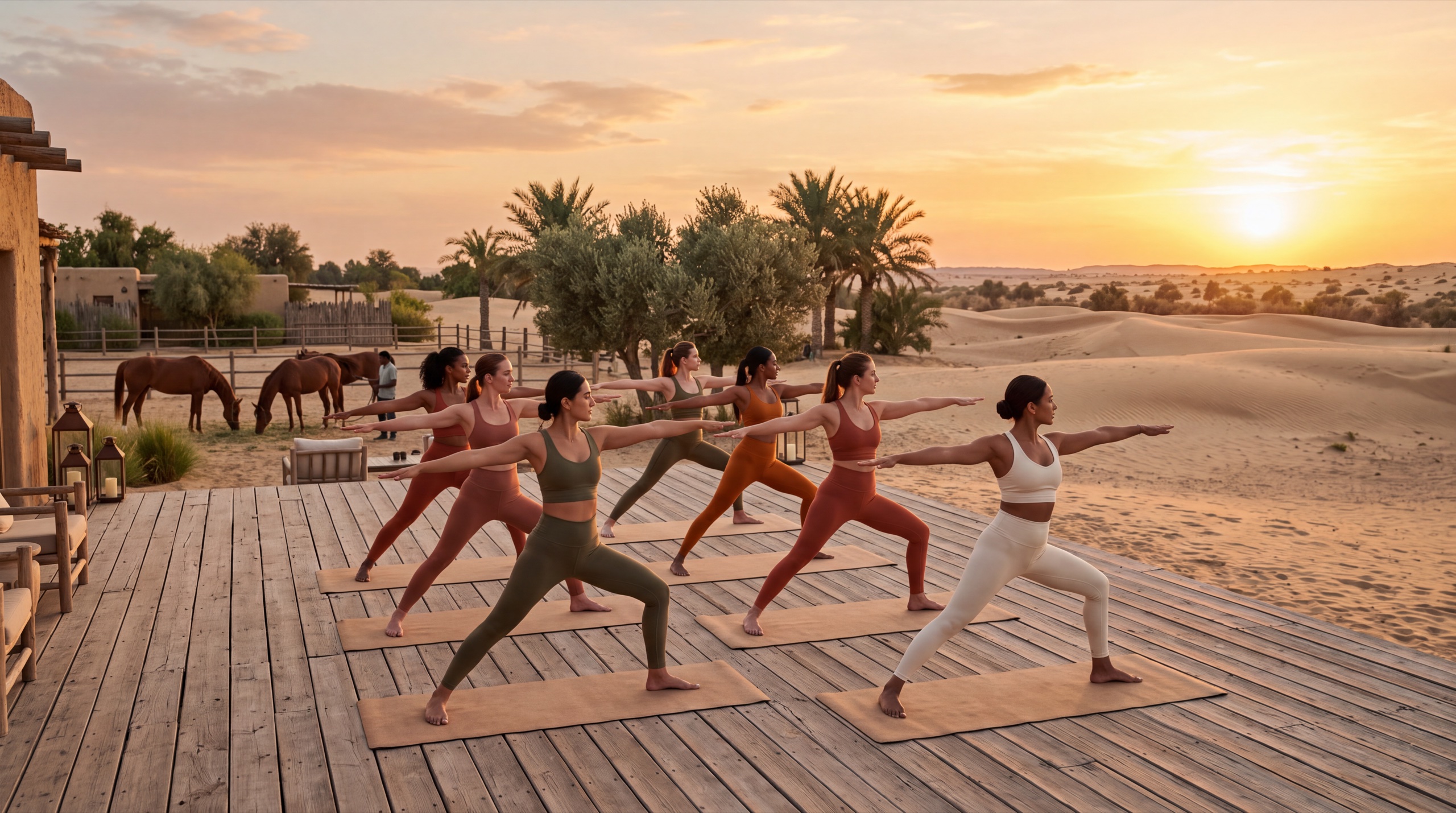 People practising yoga on the deck at sunset